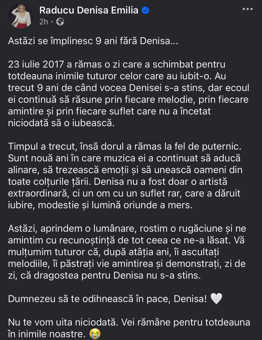 Au trecut 9 ani de la moartea Denisei Răducu. Mesajul sfâșietor apărut pe pagina artistei