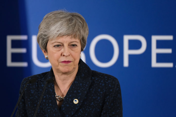 BRUSSELS, BELGIUM - MARCH 21: British Prime Minister Theresa May speaks to the media at the end of the first of a two-day summit of European Union leaders on March 21, 2019 in Brussels, Belgium. Leaders will discuss May's request for an extension of the deadline for the United Kingdom's departure from the EU, or Brexit. European Council President Donald Tusk said yesterday that he can see member states agreeing to a short extension beyond March 29, though he has coupled an extension to the British Parliament passing Theresa May's Brexit agreement first. (Photo by Sean Gallup/Getty Images)