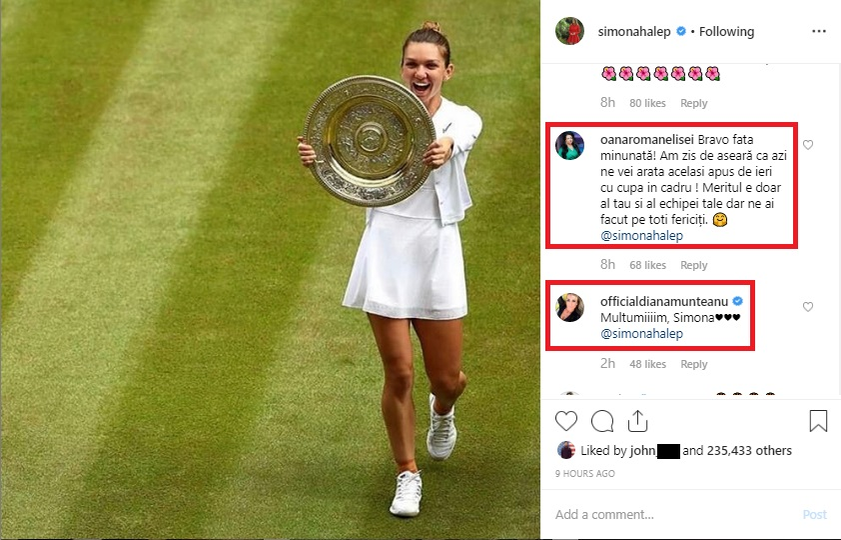 Ce mesaj a lăsat Oana Roman la această fotografie postată de Simona Halep pe Instagram. Nici Simona Gherghe nu s-a lăsat mai prejos
