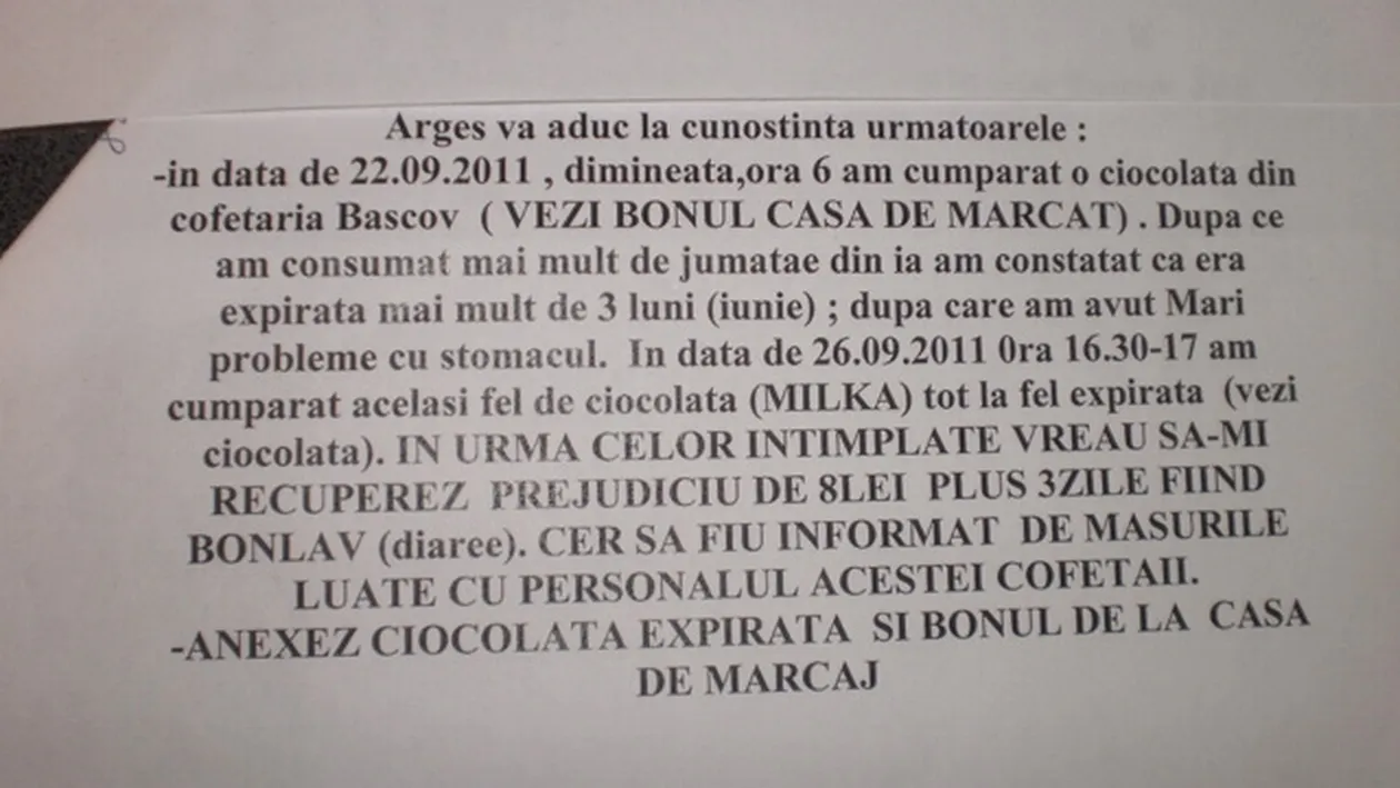 S-a plans la OPC ca s-a stricat la stomac de la ciocolata!