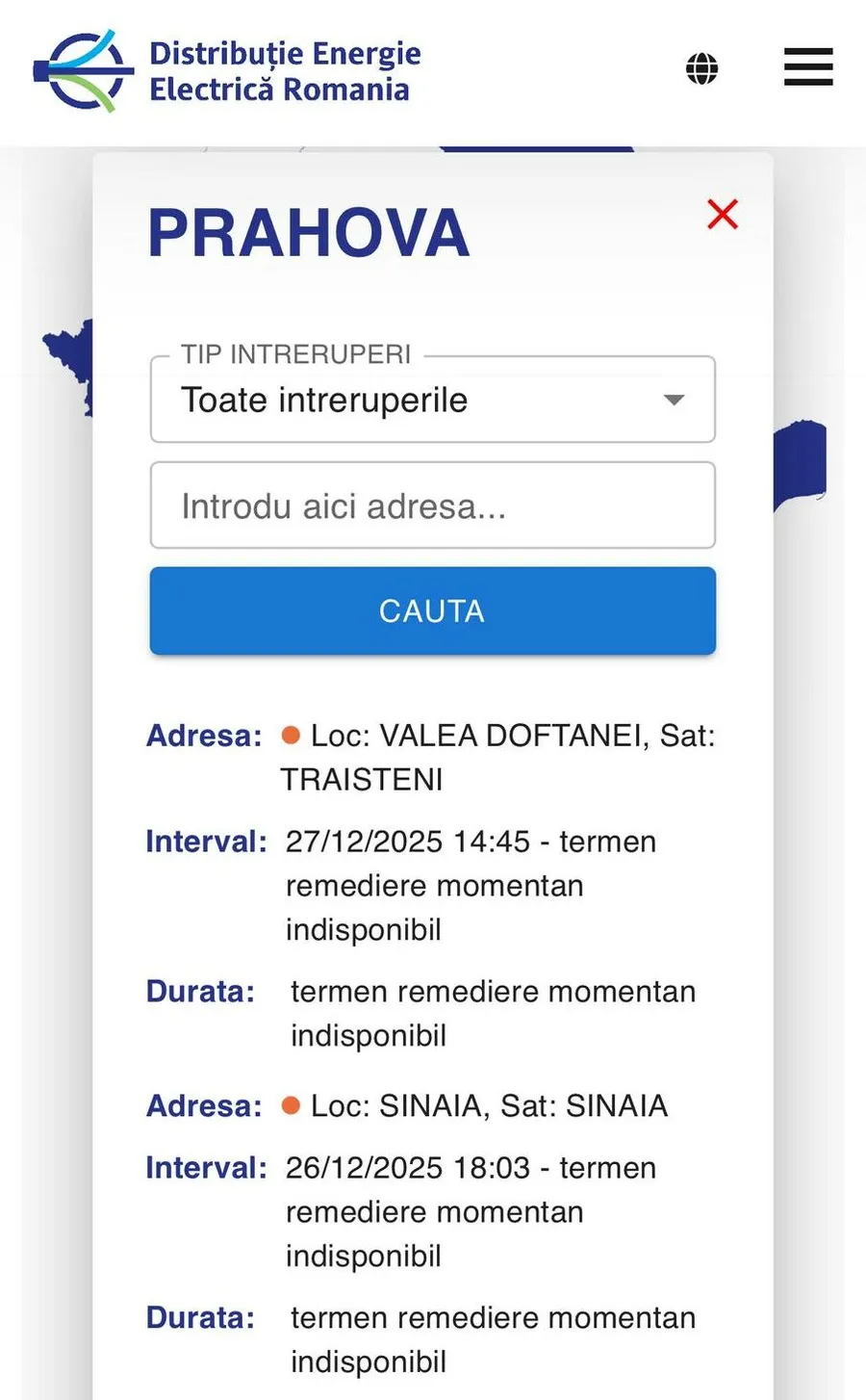 Localitățile care au rămas fără curent electric