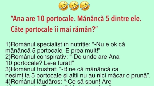 BANC | Problemă de matematică: "Ana are 10 portocale. Mănâncă 5 dintre ele. Câte îi mai rămân?"