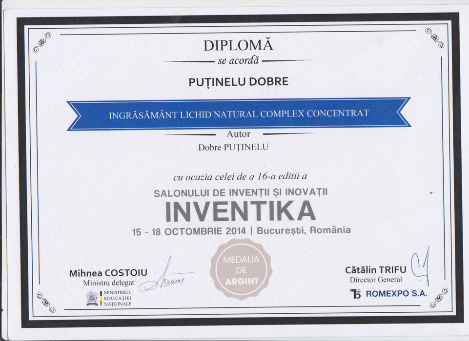 Profesorul Dobre Puținelu a primit mai multe diplome pentru invenția sa