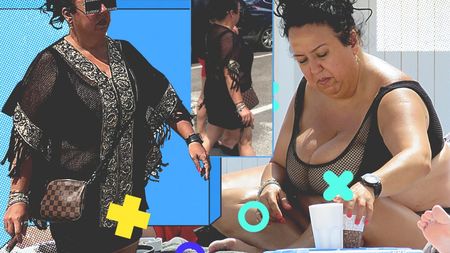 A apărut la plajă cu iubițelul bodyguard + trabuc Toscanello, un Hublot și costum de baie-plasă