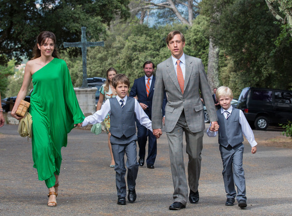 LORGUES, FRANCE - JULY 12:  Prince Louis and Princess Tessy of Luxembourg with their children, arrive for the Christening ceremony of Princess Amalia at the Saint Ferreol Chapel in Lorgues on July 12, 2014 in Lorgues, France.  (Photo by Didier Baverel/Getty Images)