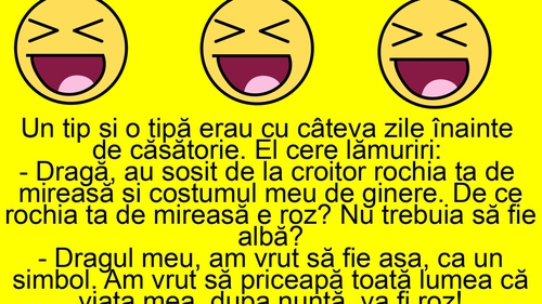 BANC | Discuție cu câteva zile înaintea nunții: "Dragă, de ce rochia ta de mireasă e roz?"