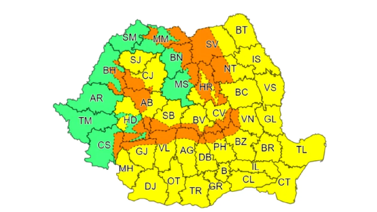 ANM a emnis cod galben și potrocaliu în România. Care sunt zonele vizate