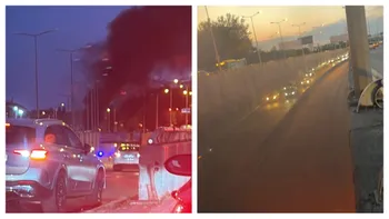 Pasajul Băneasa, blocat de un incendiu violent. O mașină a explodat după ce a luat foc