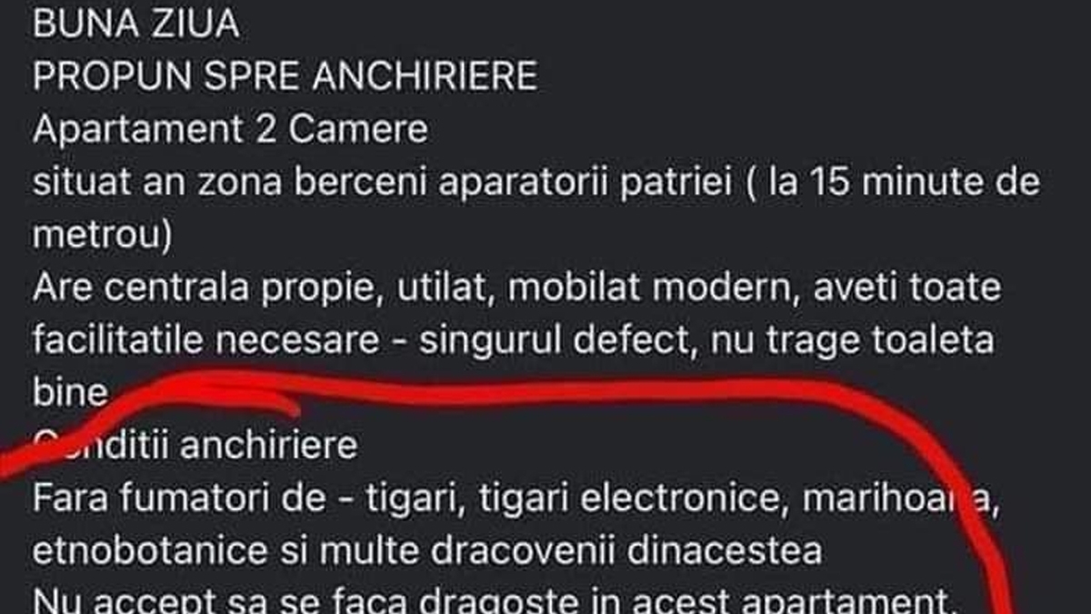 Cum a încercat un proprietar din București să își închirieze apartamentul: "Nu accept să se facă dragoste, deoarcece soțul meu.."