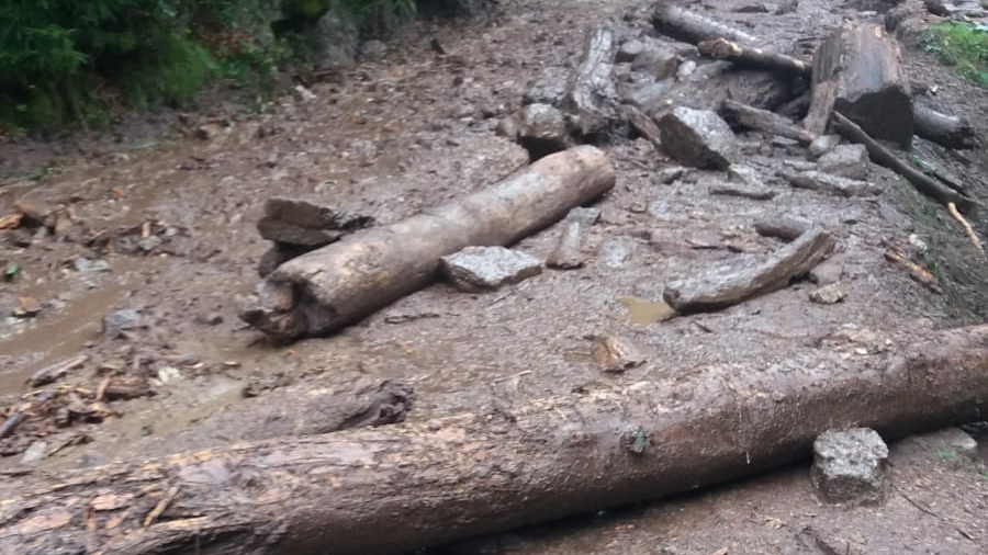 20 de turiști blocați pe Valea Cernatului, după ce drumul a fost rupt de aluviuni. Imagini apocaliptice