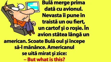 BANC | Bulă merge prima dată cu avionul. Nevasta îi pune în traistă un ou fiert, un cartof şi o roşie