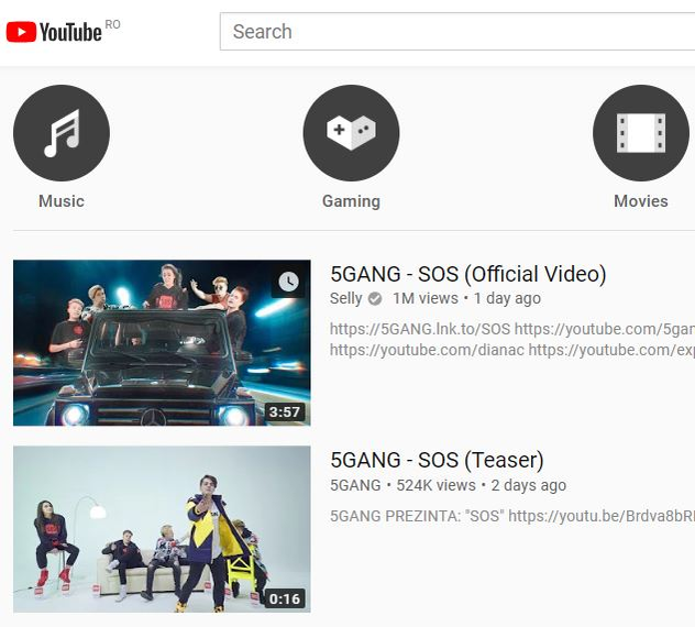 Fenomenul 5GANG – episodul „SOS” 1 milion de vizualizări la o zi de la lansare  și #1 în Trending YouTube, cu teaser pe locul al doilea