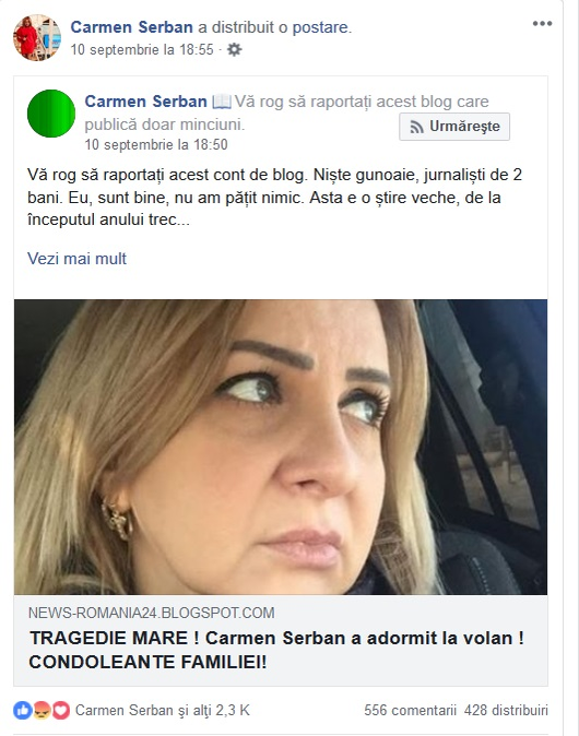 Carmen Șerban, devastată după ce a apărut știrea falsă că a murit: “Eu nu am nevoie să-mi facă părinții infarct!”