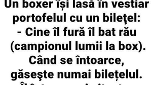 BANC. Un boxer își lasă în vestiar portofelul cu un bilețel: ”Cine îl fura, îl bat rău ! Când se întoarce, găsește numai bilețelul