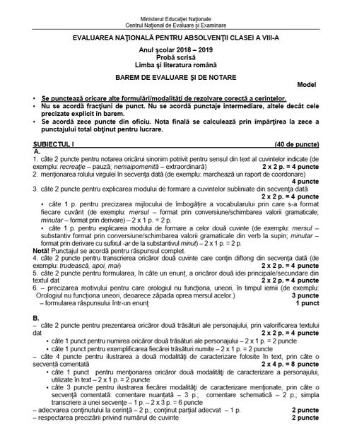 Modele de subiecte la proba scrisă de la limba și literatura română pentru Evaluarea Națională 2019