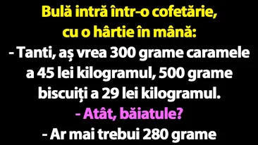 BANC | Bulă intră într-o cofetărie, cu o hârtie în mână