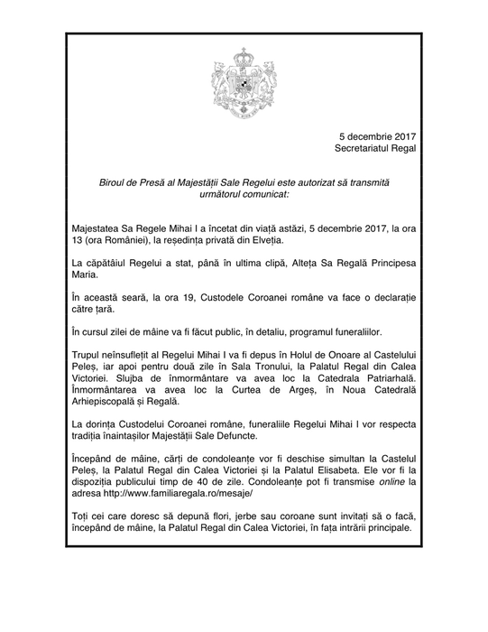 Anunţul oficial al Casei Regale a României: „La căpătâi a stat până în ultima clipă Principesa Maria…”. Informaţii despre funeraliile Regelui Mihai I