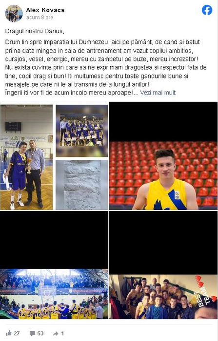 BREAKING | Darius Vintilă, fost jucător la CSU Sibiu, a murit fulgerător la doar 24 de ani