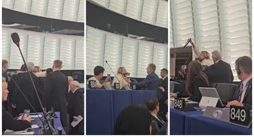 Diana Șoșoacă a făcut circ în Parlamentul European! A fost scoasă cu forța din sală, după ce și-a pus botniță. VIDEO ULUITOR