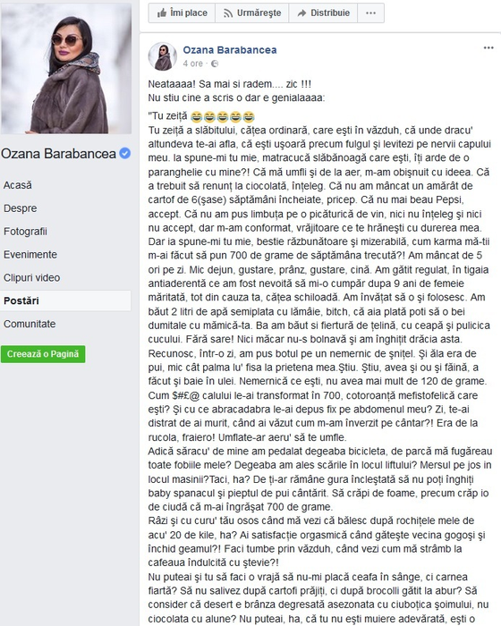Ozana Barabancea, mesaj tranşant după ce a slăbit 40 de kilograme: „Tu, zeiţă a slăbitului, căţea ordinară…”