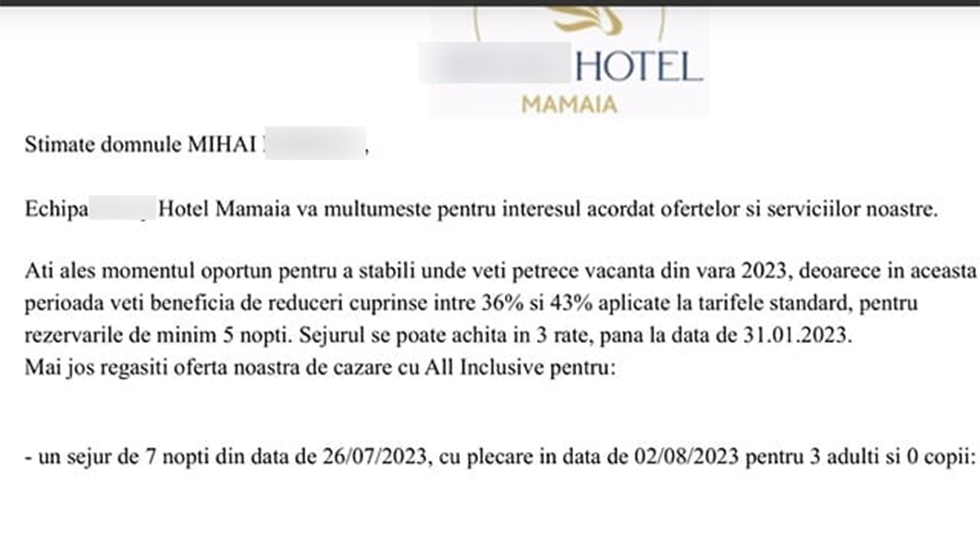 Mihai din Ploiești a solicitat o ofertă pentru un sejur în iulie 2023, într-un hotel din Mamaia. Ireal câți lei i s-au cerut pentru 7 nopți de cazare