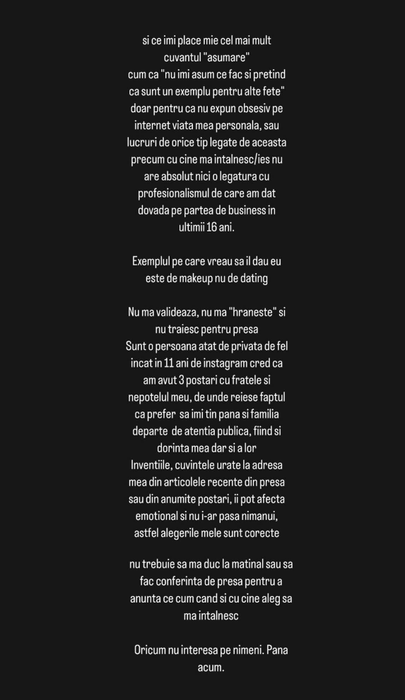 Mesajul postat de Ema Uta pe Insta Story. Foto: Instagram