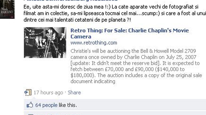 Mihaela Radulescu isi doreste de ziua ei camera video a lui Charlie Chaplin