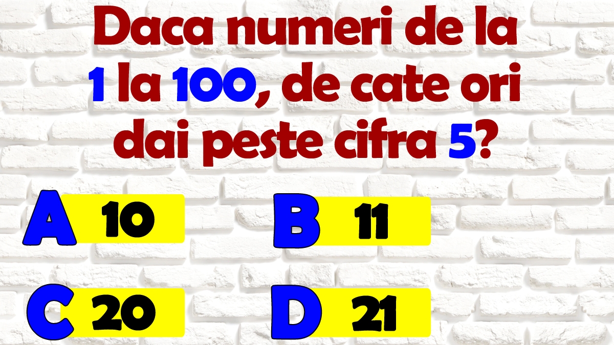 Test de inteligență | Dacă numeri de la 1 la 100, de câte ori dai peste cifra 5? 9 din 10 oameni greșesc!
