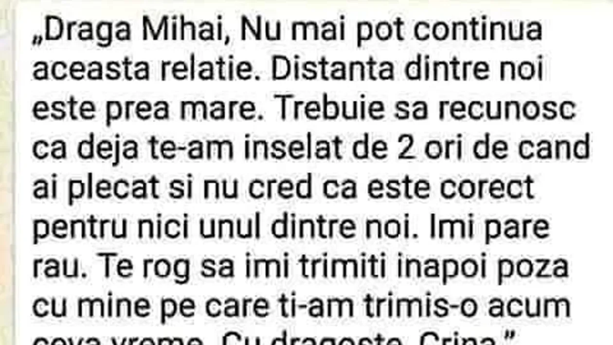 Bancul Zilei | Dragă Mihai, nu mai pot continua această relație. Trebuie să recunosc că..