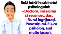 BANC | Bulă intră în cabinetul psihologului: Doctore, îmi e greu să recunosc, dar..