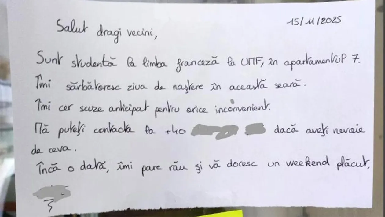 Bilețelul lipit pe afișier prin care o studentă din Cluj și-a anunțat vecinii că îmi sărbătoresc ziua în această seară. Ce s-a întâmplat la 23:59