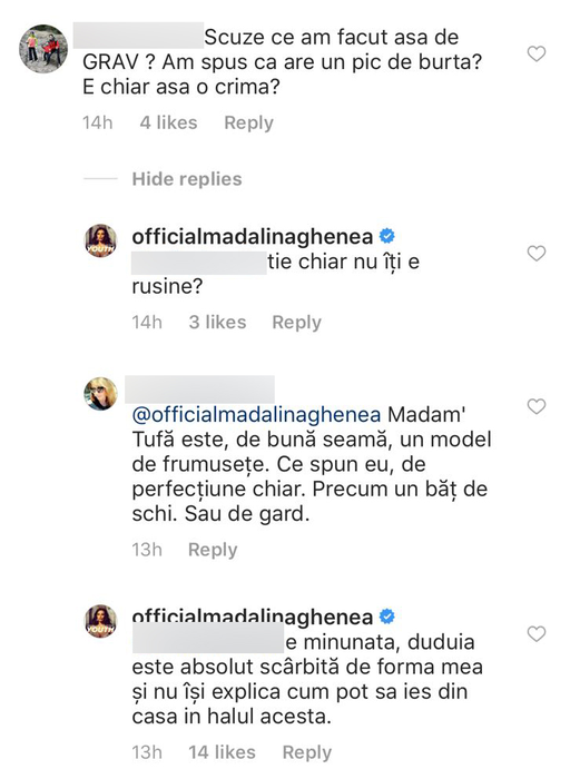 Mădălina Ghenea a răbufnit pe rețelele de socializare, după ce o prietenă virtuală i-a spus că are burtă