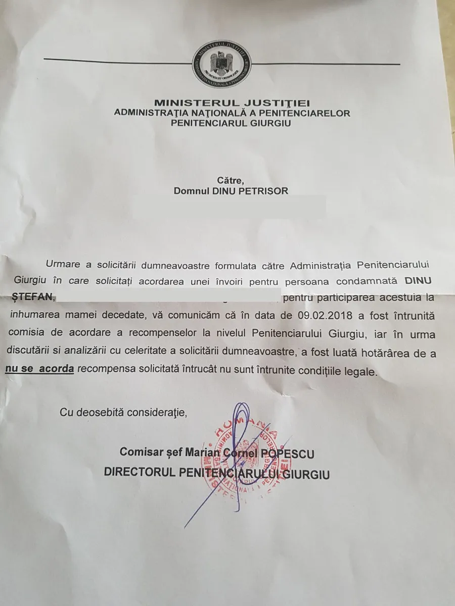 Motivarea pe care a primit-o familia lui Fane Căpățână din partea Penitenciarului Giurgiu