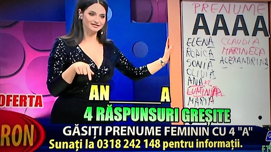 "Găsiți prenumele feminin cu 4 de A". Ce a pățit o româncă după ce a sunat la 1204 și a vrut să dea răspunsul corect la concursul live de la Etno TV