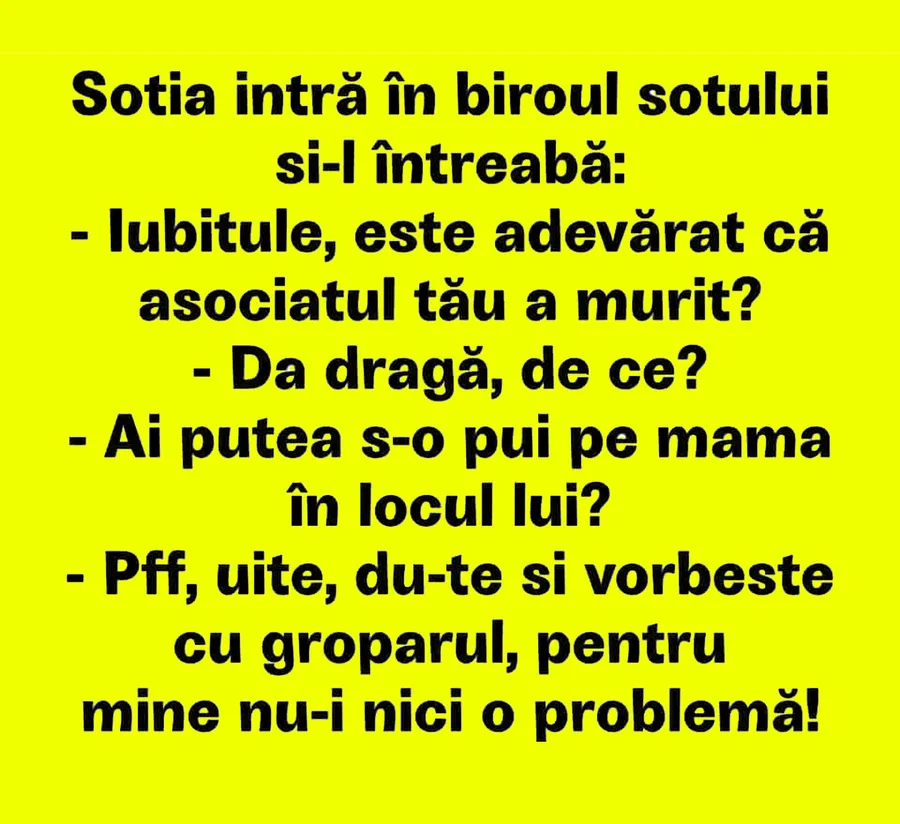 Bancul dimineții | Soția intră în biroul soțului