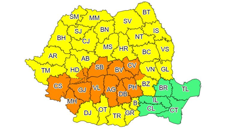 Prognoza ANM. Cod galben și cod portocaliu de vreme rea în 36 de județe din țară. Sursă foto: ANM