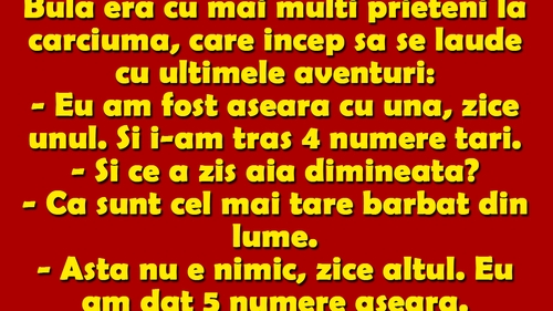 BANC | Bulă era cu mai mulți prieteni la cârciumă, care încep să se laude cu ultimele aventuri