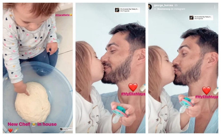 Ieri, George Burcea și-a vizitat fiicele și le-a făcut gogoși. Într-un video scurt făcut public actorul o pupă pe buze pe Ella, fata cea mare pe care o are cu Andreea Bălan © Instagram Stories