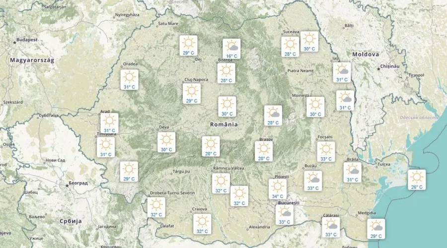 Temperaturi înregistrate astăzi, 22 august, în România © meteoromania.ro