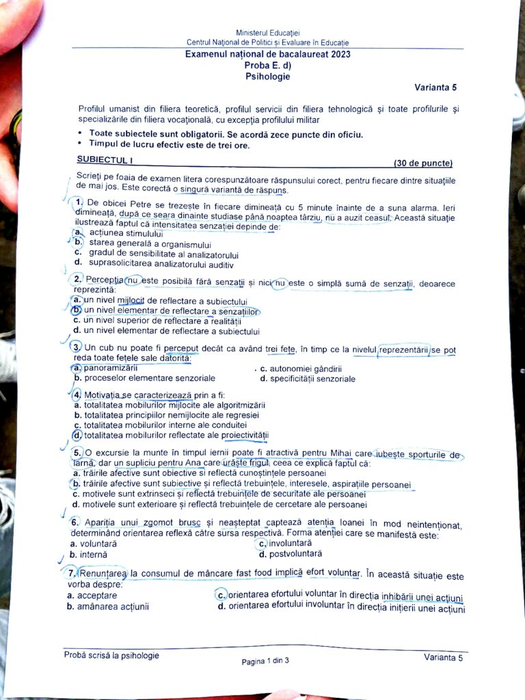 Subiectele la Psihologie (partea I)