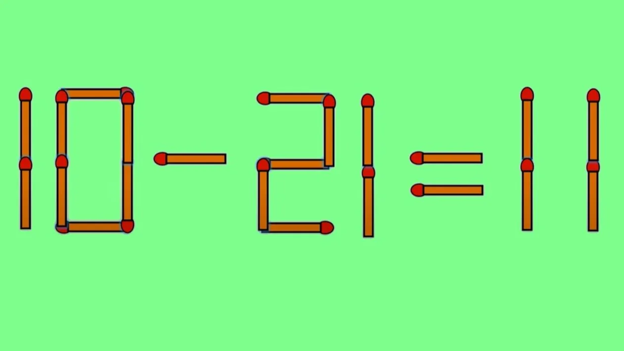 Test de inteligență | 10-21=11 este greșit. Pentru a corecta egalitatea e nevoie să mutați un singur băț de chibrit