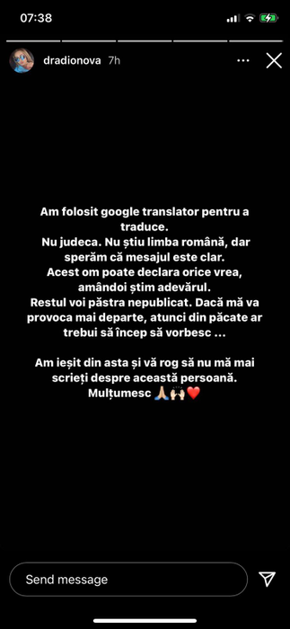 Mesajul postat de Daria pe Instagram - part 3
