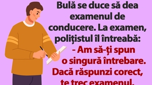 BANC | Bulă se duce să dea examenul de conducere. La examen, polițistul îl întreabă