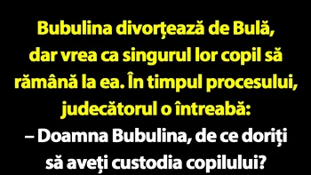 BANC | Bubulina divorțează de Bulă, dar vrea ca singurul lor copil să rămână la ea