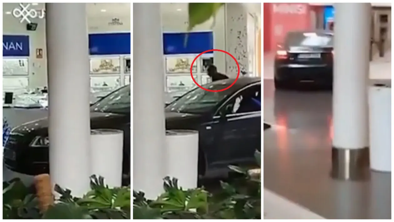 Jaf ca în filme într-un mall! Hoții au intrat cu mașina prin ușile de sticlă și în doar câteva secunde au devastat o bijuterie