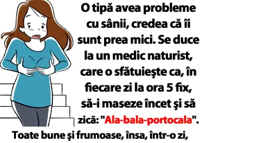 Bancul de weekend | O tipă avea probleme cu sânii, credea că îi sunt prea mici