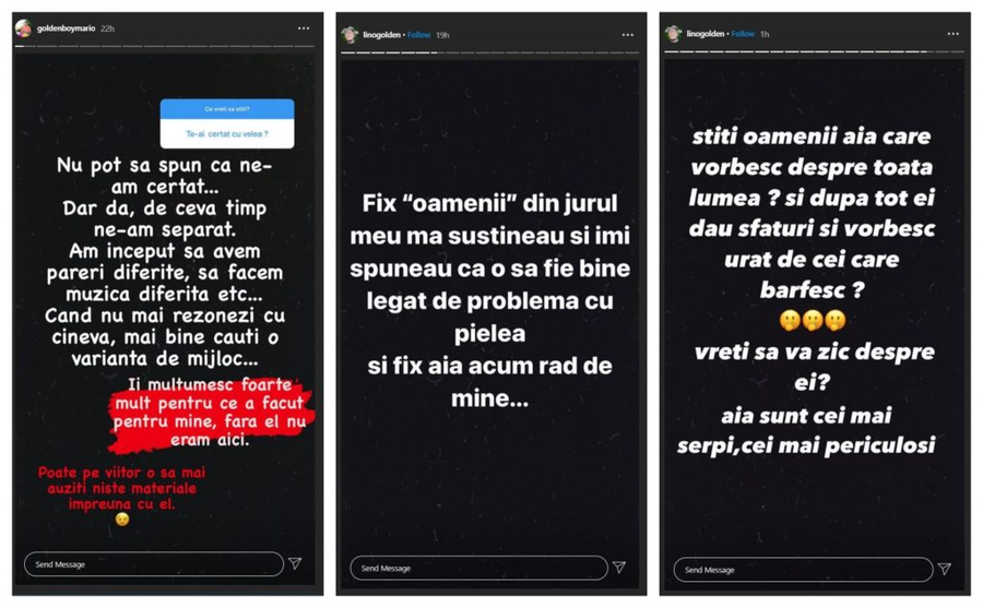 După ce a făcut câteva mărturisiri subliminale la adresa Antoniei și a lui Alex Velea, Lino Golden a anunțat că va mai face și alte dezvăluri despre scandalul izbucnit la Golden Boy Society, casa de producție deținută de cântărețul de 36 de ani © Instagram Stories
