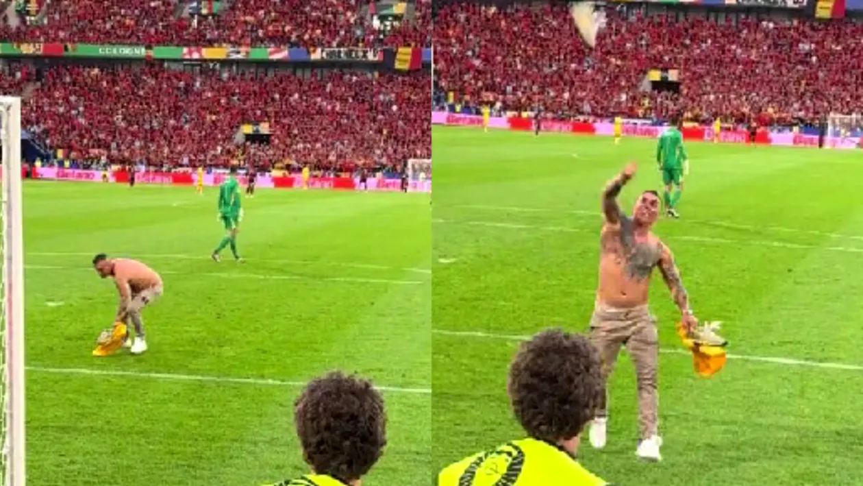 Ce a făcut un spectator român, în pielea goală, după ce a intrat în teren: Ia, bă, adidasu'. Imagini virale de la meciul României!