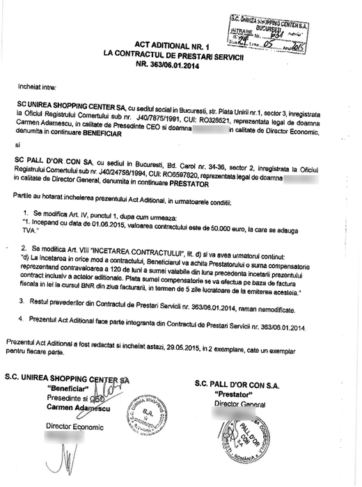 Act adiţional la contractul dintre Unirea Shopping Center şi PALL D'OR CON SA