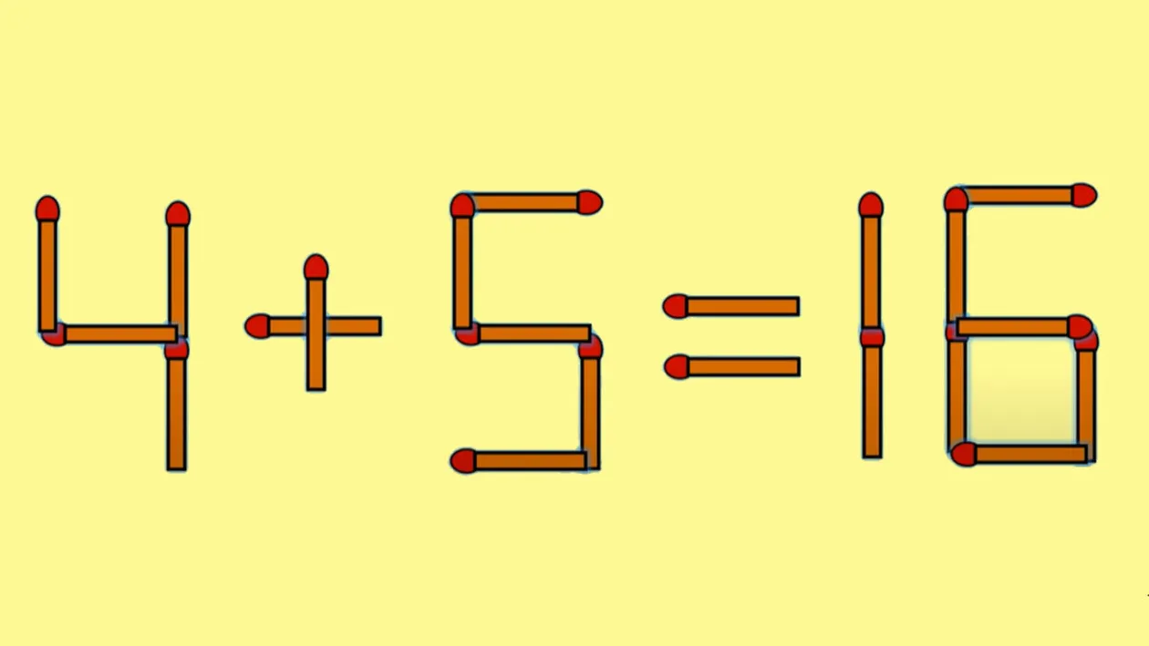 TEST IQ | 4+5=16 este greșit. Pentru a corecta egalitatea, este nevoie să mutați un singur chibrit